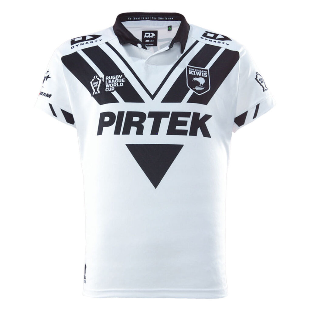 2026 New Zealand Kiwis Away Jersey front view in white with black chevron and Kiwis crest