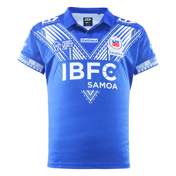 2026 Toa Samoa Home Jersey front view in blue with white geometric detailing and Samoa crest