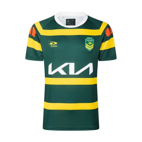 2026 Australia Kangaroos Captains Run Jersey front view in green with gold horizontal stripes