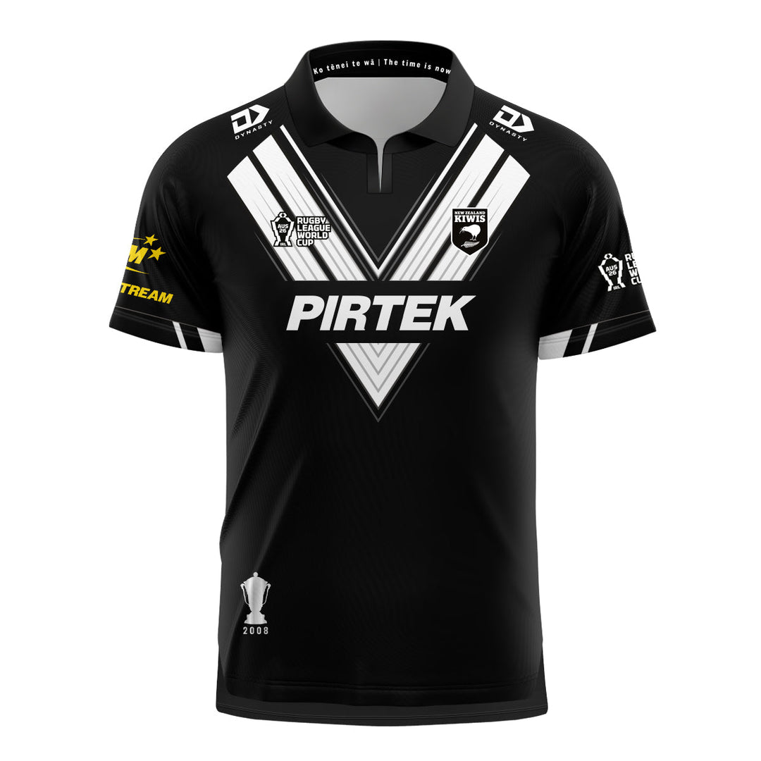 2026 New Zealand Kiwis Home Jersey front view in black with white chevron and Kiwis crest