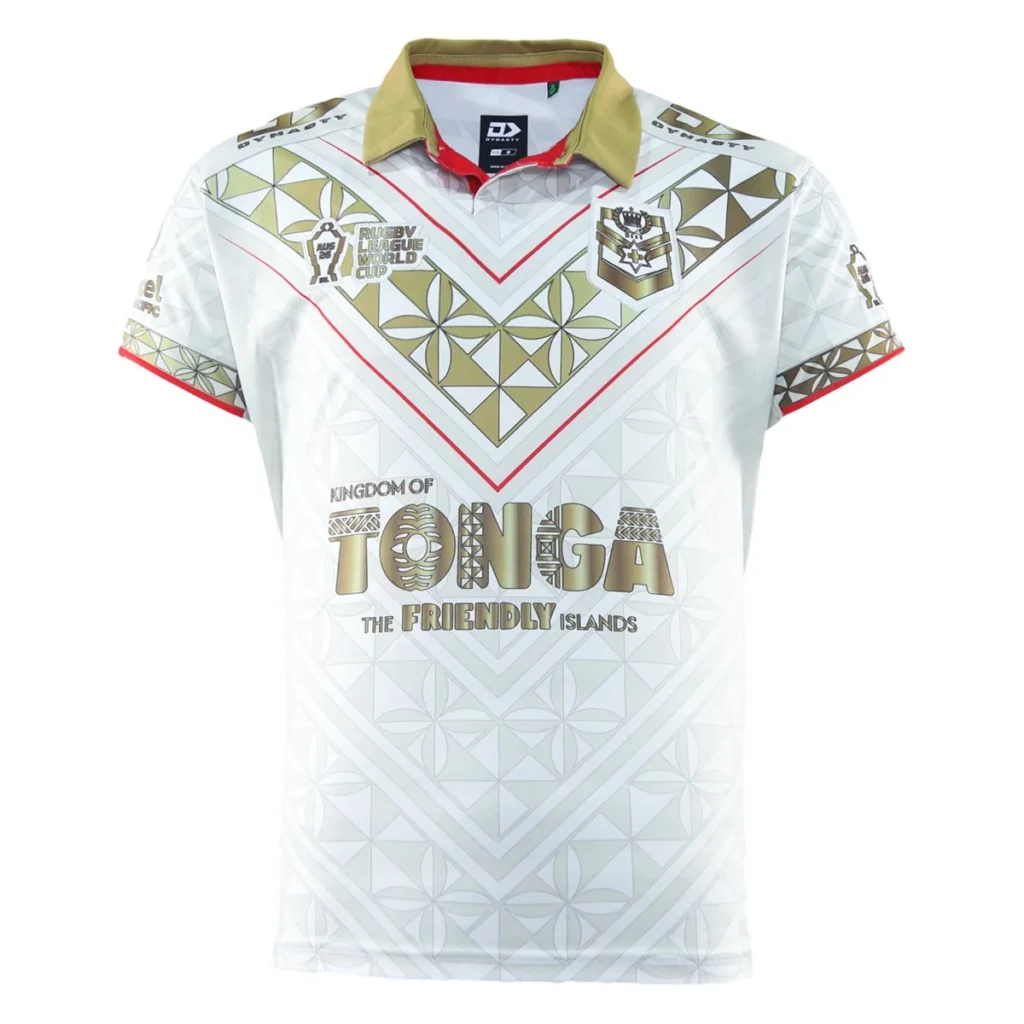 2026 Tonga Away Jersey front view in white with gold geometric detailing and red accents