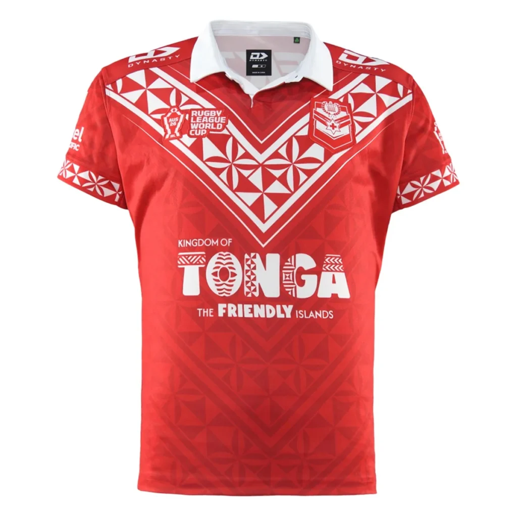 2026 Tonga Home Jersey front view in red with white geometric detailing and Tonga crest