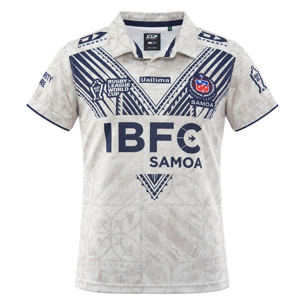 2026 Toa Samoa Away Jersey front view in cream with navy geometric detailing and Samoa crest