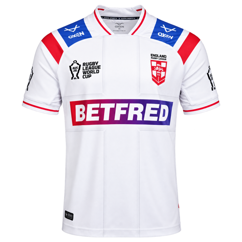 2026 England RLWC Home Jersey front view in white with red and blue accents