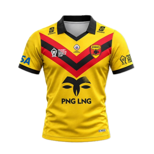 2026 Papua New Guinea Home RLWC Jersey front view in yellow with red and black chevrons
