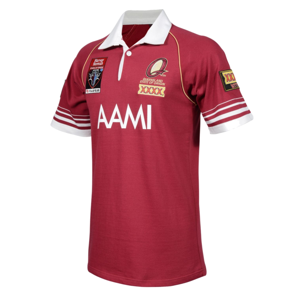 2006 Queensland Maroons Retro Jersey in maroon with white collar and striped sleeves