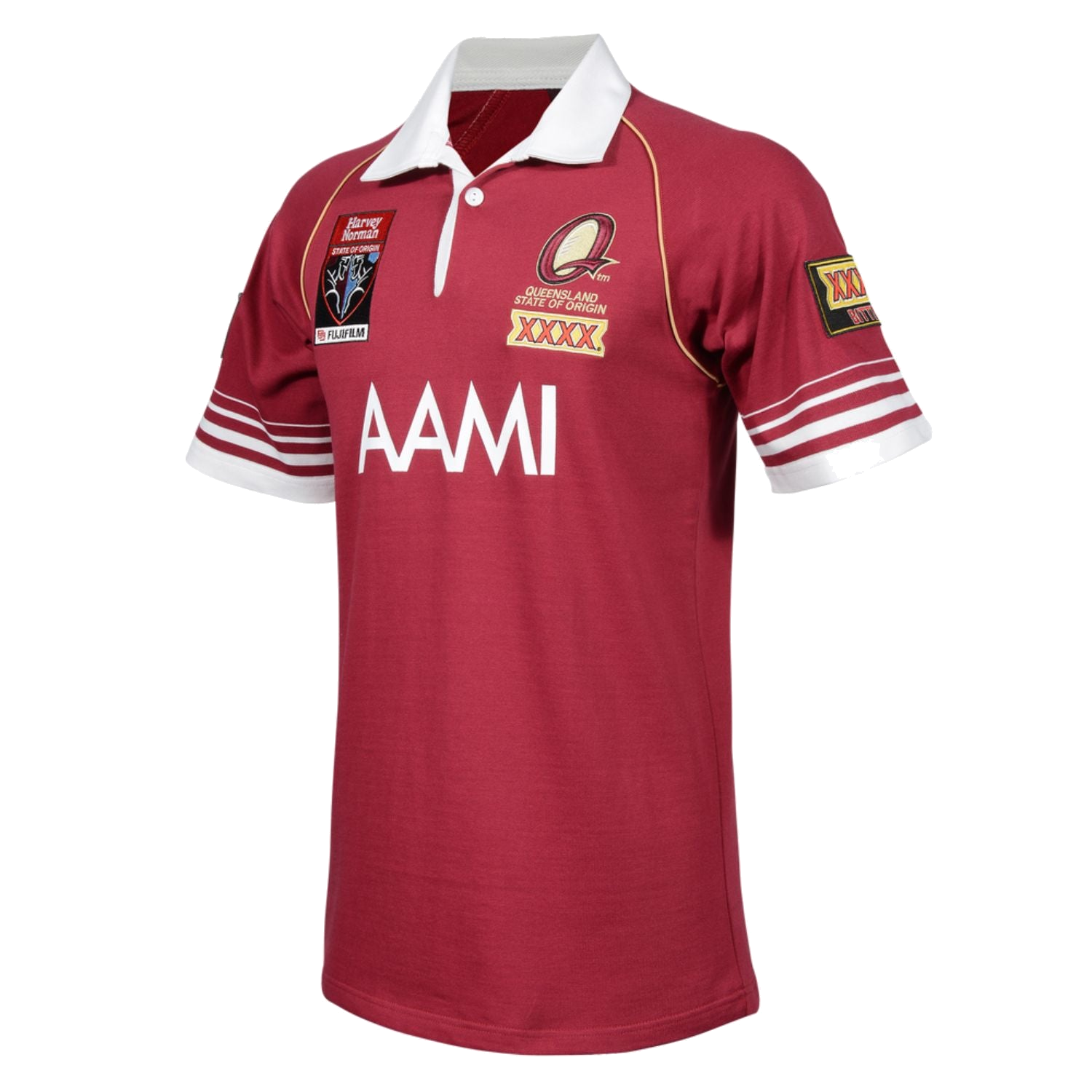 2006 Queensland Maroons Retro Jersey in maroon with white collar and striped sleeves