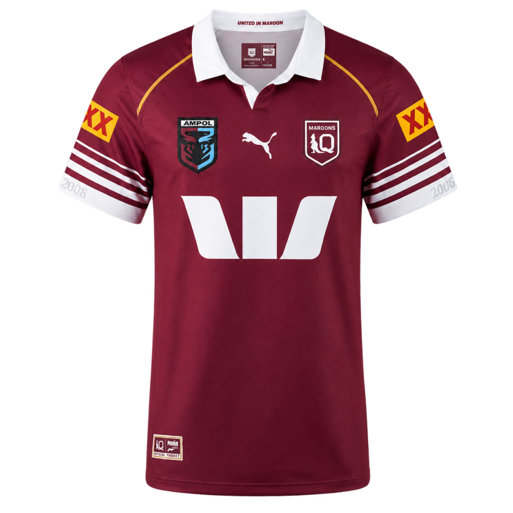 2026 Queensland Maroons Home Jersey front view in maroon, white and gold