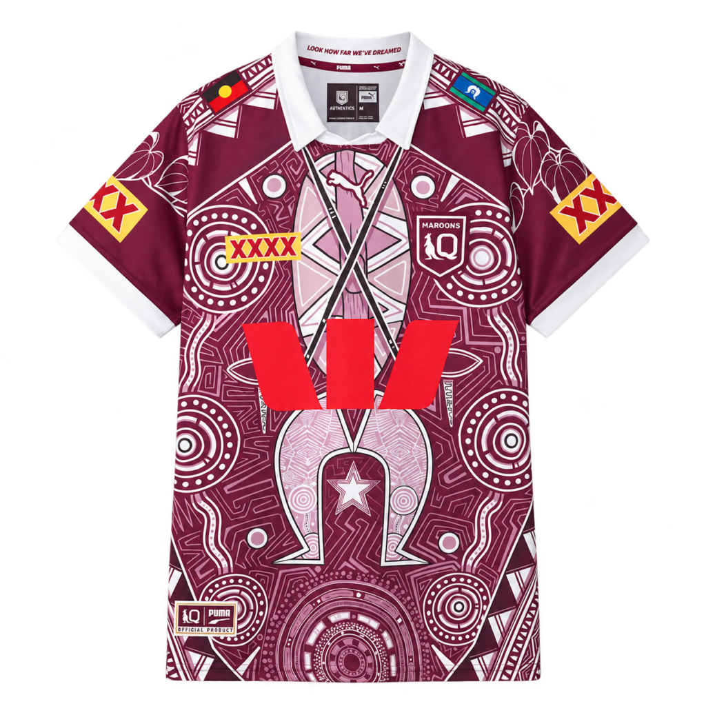 2026 Queensland Maroons Indigenous Jersey front view with patterned maroon artwork