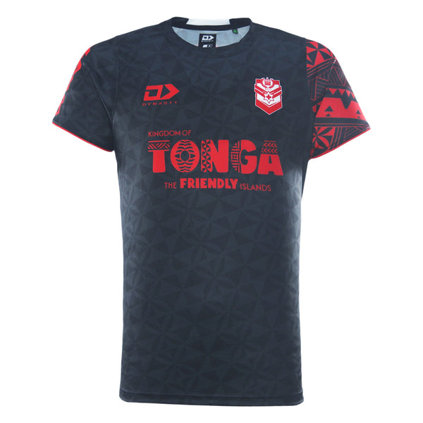 2026 Tonga Black Training Jersey front with red lettering and patterned sleeves