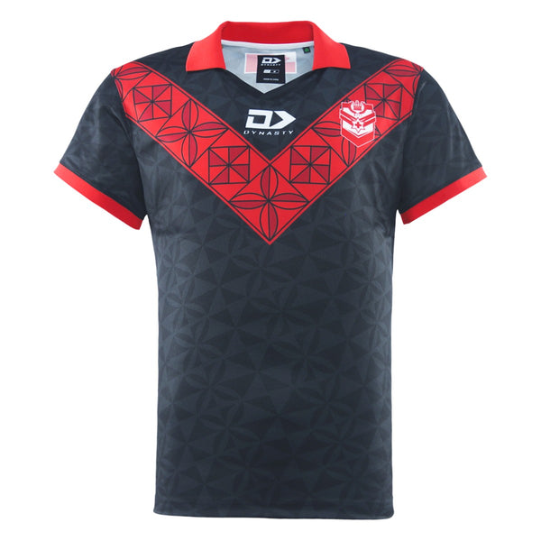 2026 Tonga Warm Up Jersey front in black with red patterned chevron and collar