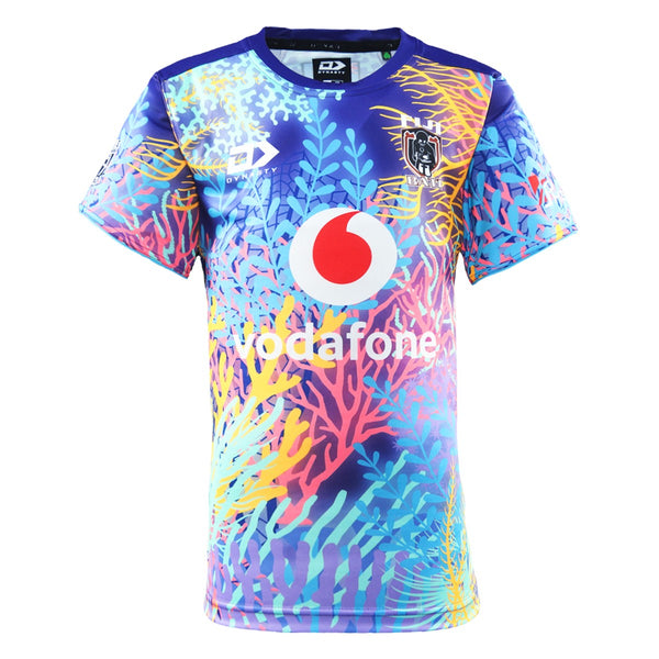 2026 Fiji Bati Captains Run Jersey front in blue with aqua pink and yellow coral-inspired design