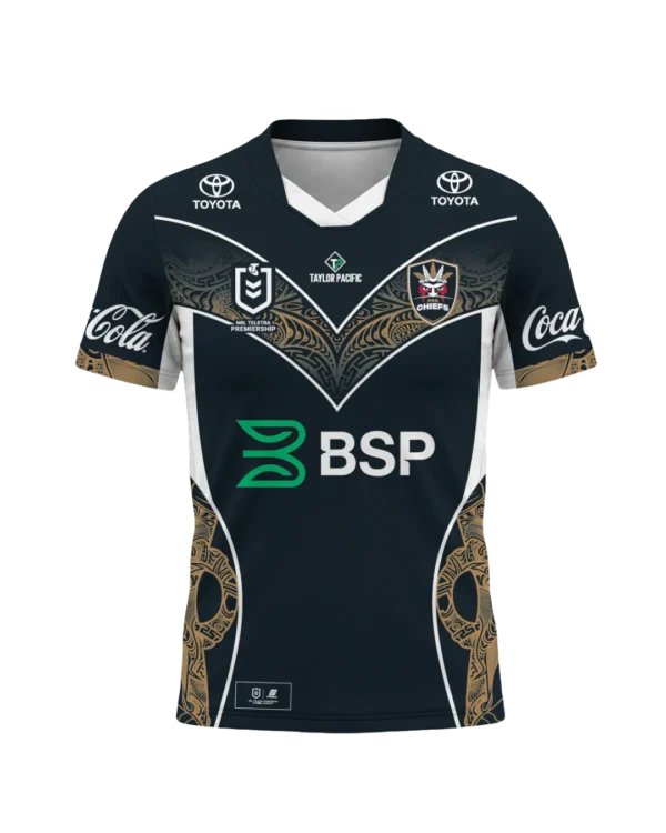 PNG Chiefs Black Foundation Jersey front with gold patterned chevron and team crest