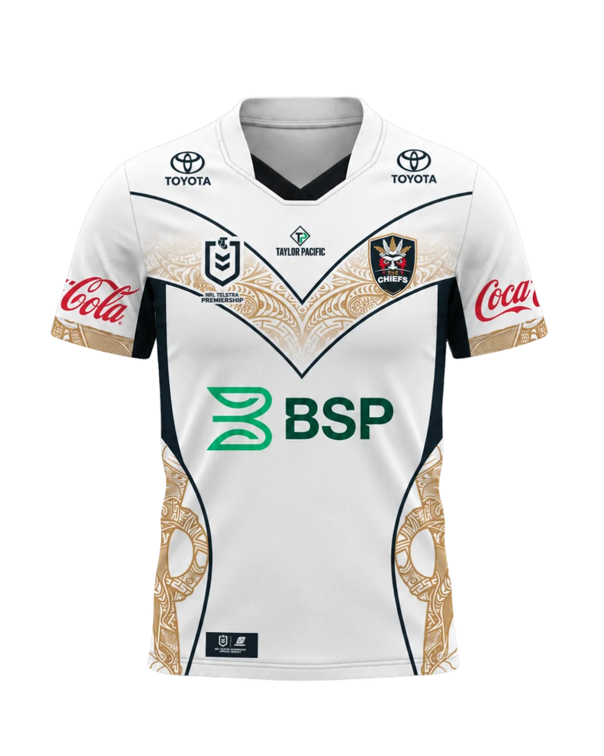 PNG Chiefs White Foundation Jersey front with gold patterned chevron and team crest