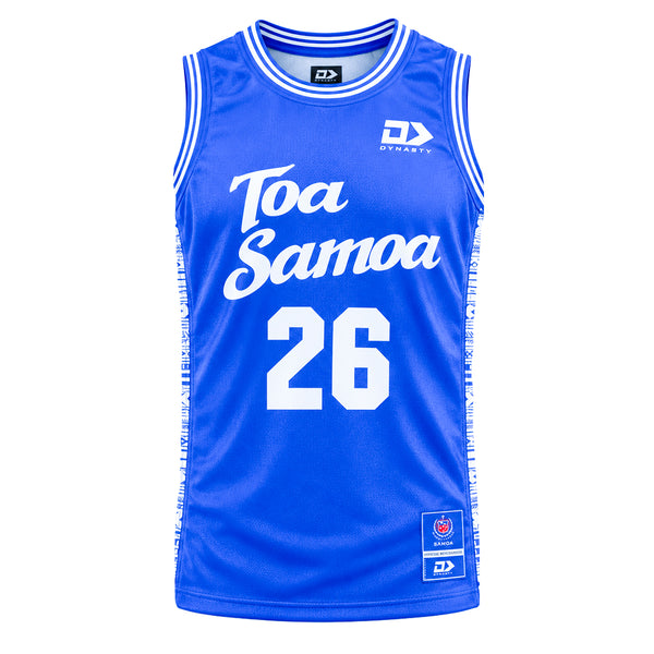 2026 Toa Samoa Basketball Jersey front in blue with white Toa Samoa lettering and number 26